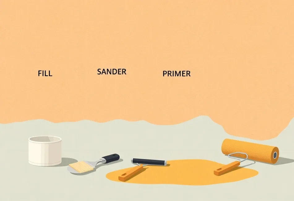 Outils de peinture disposés dans l'ordre des étapes du chantier