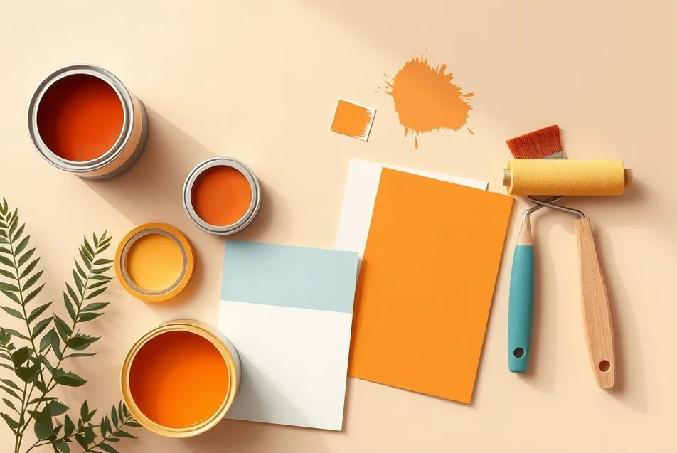Pots de peinture, nuancier, brosses et rouleaux disposés à plat