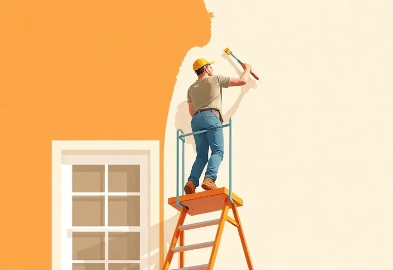 Peintre sur échafaudage traitant la façade d'une maison